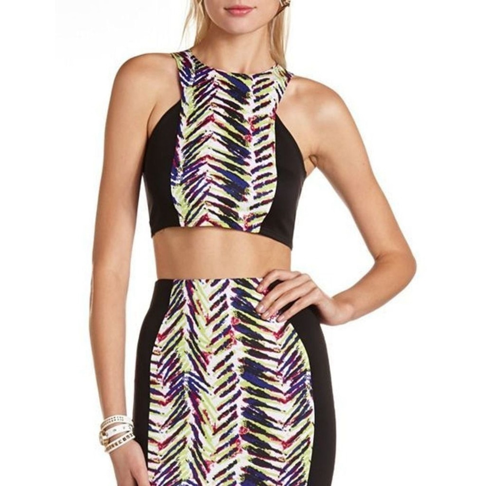 NWT Charlotte Russe Y2K Neon Zebra Multicolor Black Panel Cropped Top Size Large